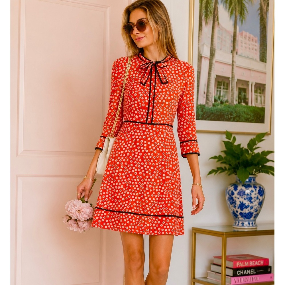 Cece Red Daisy Floral Bow Neck Mini Dress Long Sleeve Black Trim